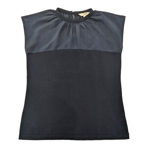 Liz Claiborne top blouse navy blue, high round neckline, sleeveless, size PM